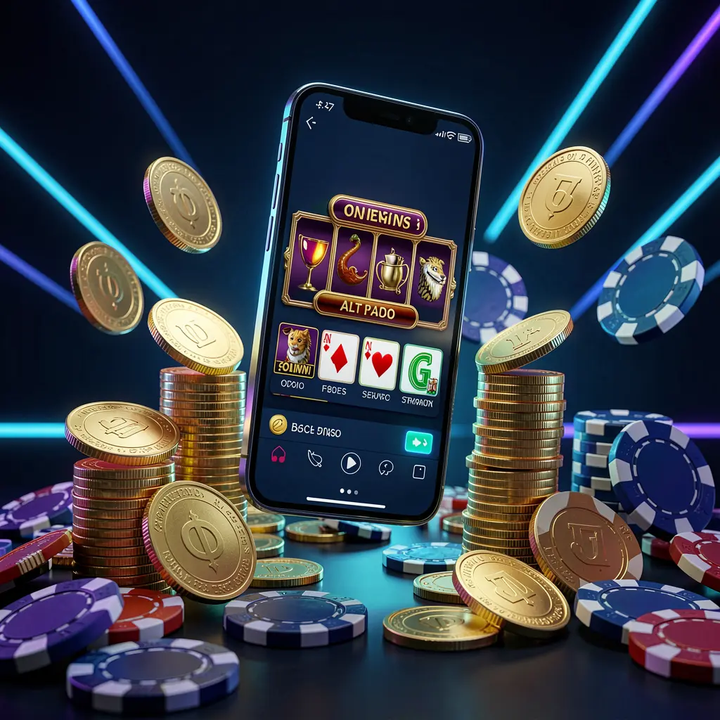 Render 3D realistis ponsel yang melayang di atas koin emas dan chip poker dengan latar belakang biru tua dan hitam yang menampilkan cahaya neon sinematik, mempromosikan aplikasi kasino online AYO 999