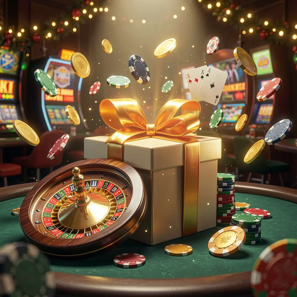 Adegan kasino meriah yang menampilkan kotak hadiah bercahaya, roda rolet, chip poker, dan koin beterbangan dengan pencahayaan sinematik, memperlihatkan suasana bonus selamat datang AYO 999