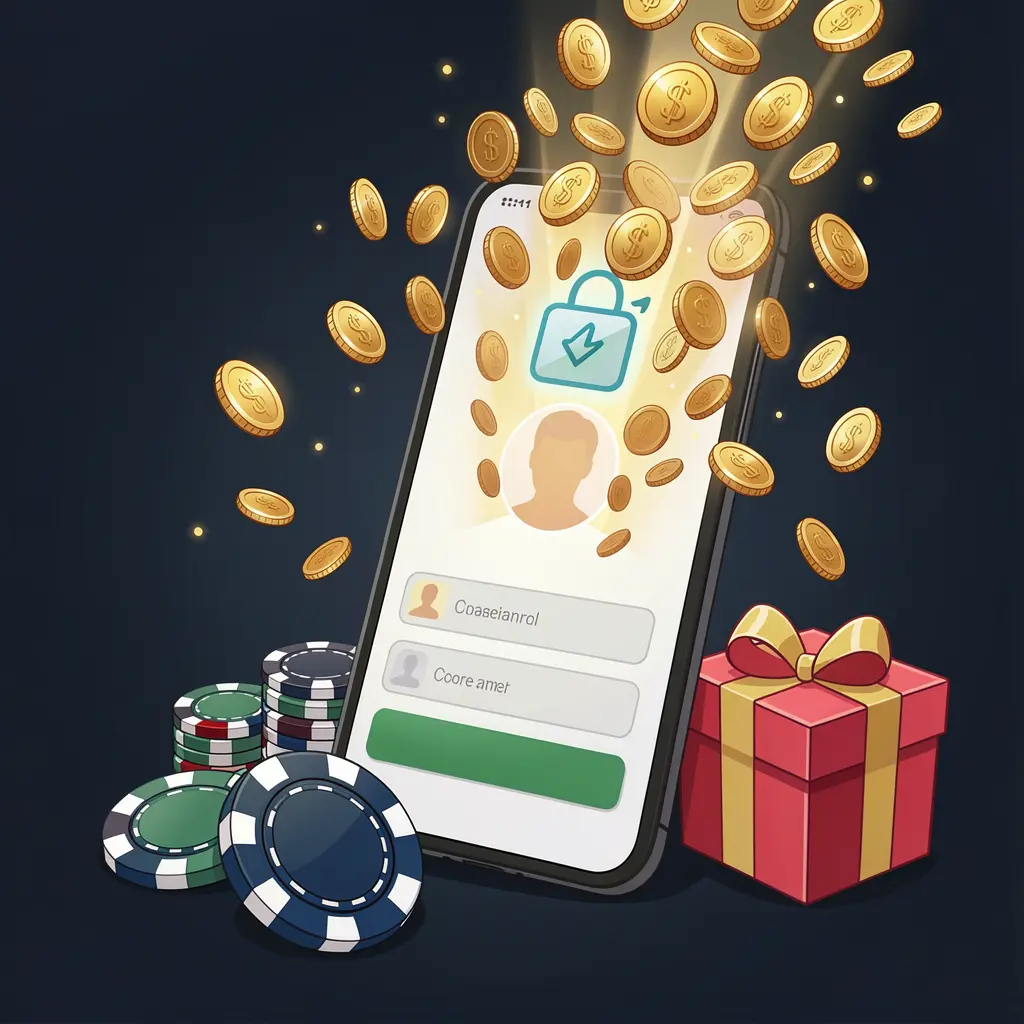 Ilustrasi masuk pengguna kasino AYO 999 yang menampilkan ponsel dengan ikon akses aman, koin emas yang meledak dari layar, chip poker dan kotak hadiah di dekatnya pada latar belakang premium gelap