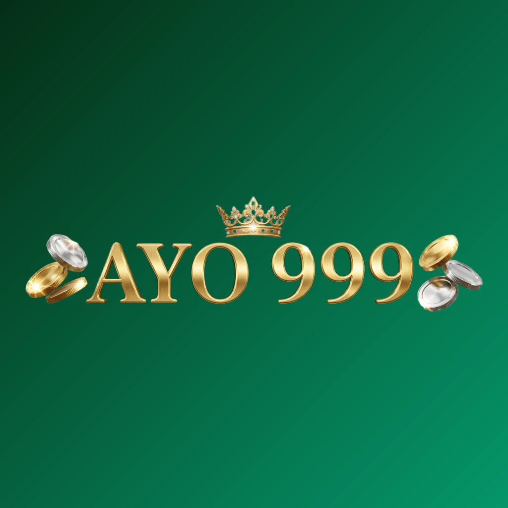 Logo bergaya kasino AYO 999 dengan huruf emas, elemen mahkota, koin berkilau, dan suasana permainan mewah, desain horizontal persegi panjang dengan latar belakang transparan untuk header situs web