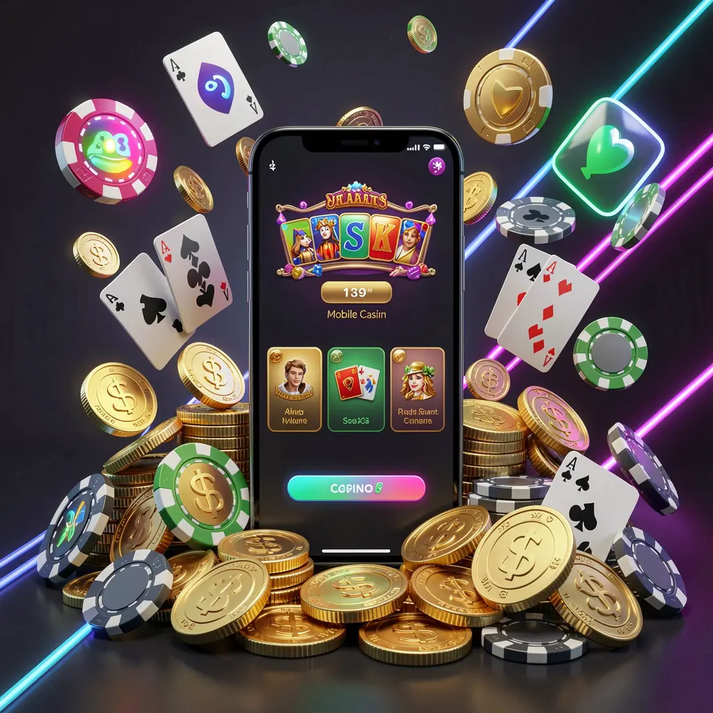 Konsep beranda kasino seluler AYO 999 yang menampilkan ponsel pintar dikelilingi koin emas, chip, kartu, dan ikon bercahaya pada latar belakang gelap modern dengan aksen neon
